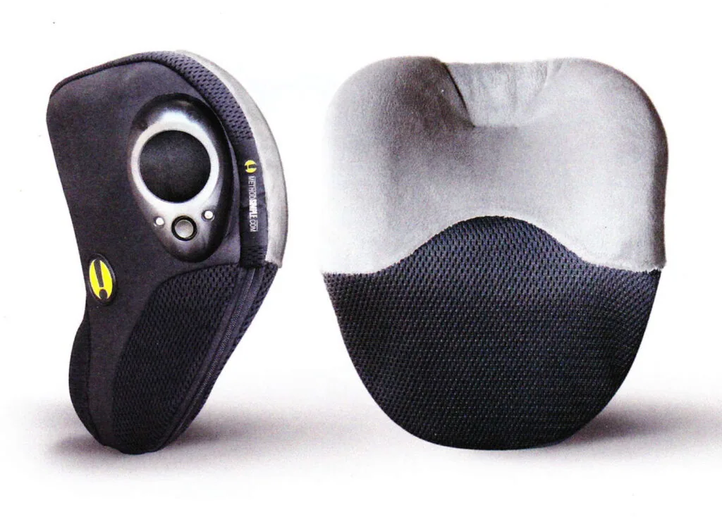 Black and gray protective case with circular lens opening shown from front and back views