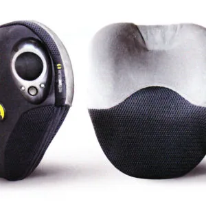 Black and gray protective case with circular lens opening shown from front and back views