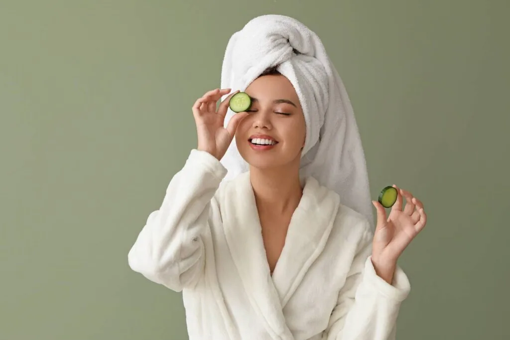 Woman in white bathrobe and towel-wrapped hair holding cucumber slices over eyes against green background