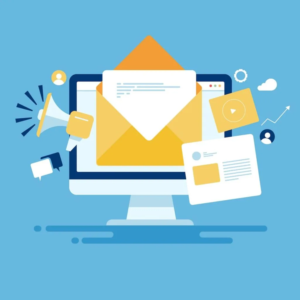 Desktop computer displaying an open yellow envelope with email content, surrounded by icons for messaging, notifications, and marketing communication tools on a blue background.